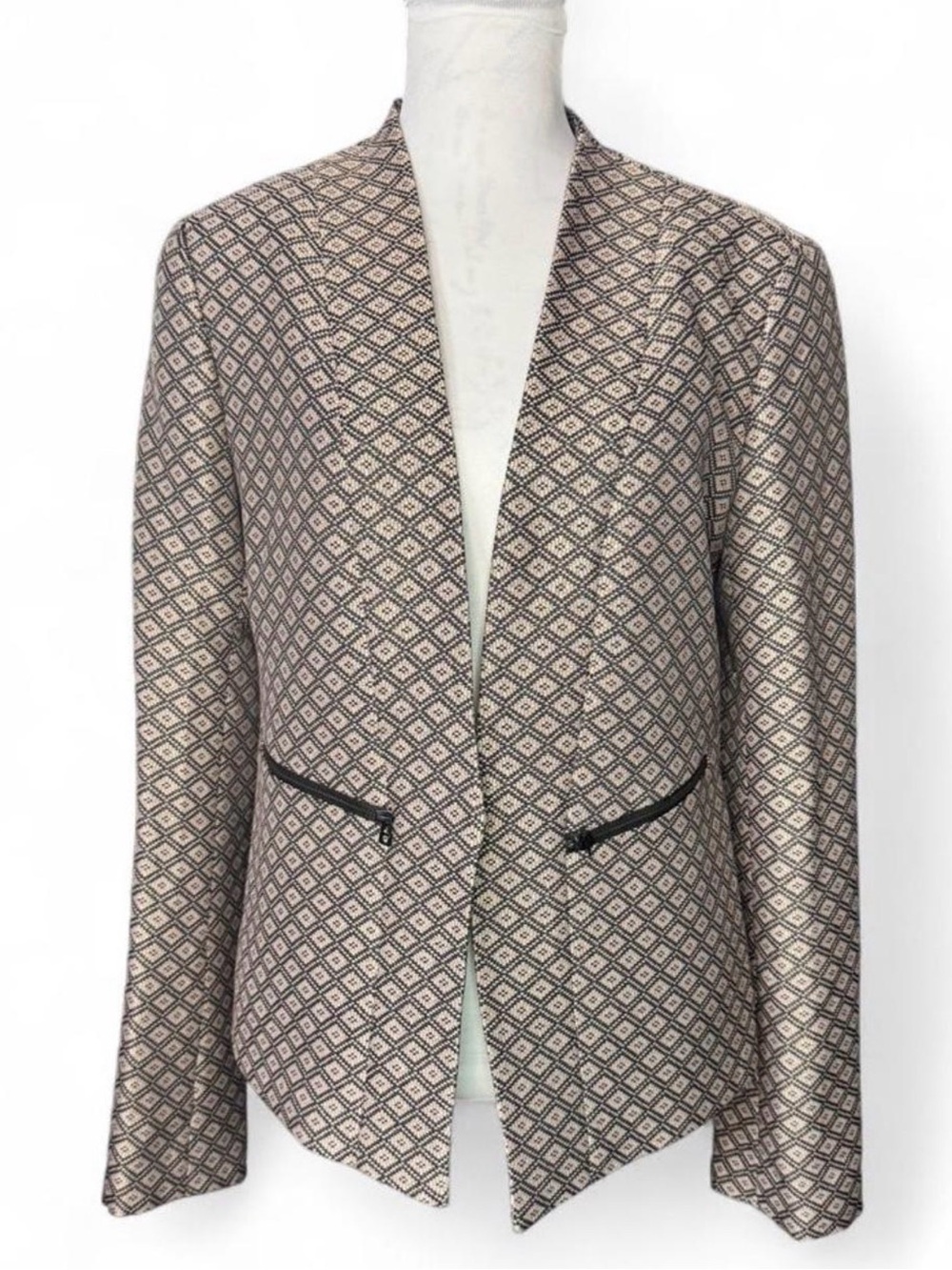 Halogen Taupe and Black Open-Front Diamond Print Blazer